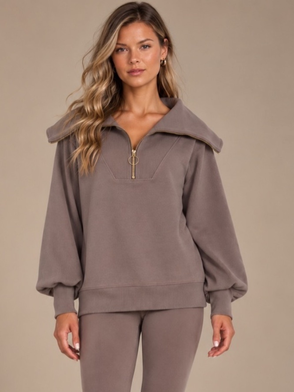 Varley Vine Pullover Taupe Zip-Front w/Gold detailing Casually Chic Top Sz XXS